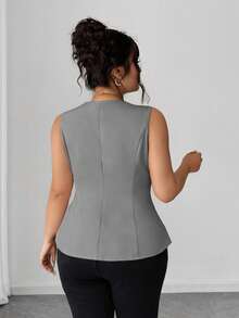 Elenzga Plus Size Women's Elegant Solid Color V-Neck Peplum Top, Minimalist & Charming, Summer - Grey - View 2