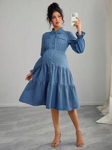 SHEIN Maternity Casual Front Button Ruffle Hem Long Sleeve Denim Dress, Autumn