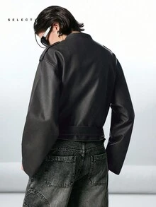 LYSMO 休闲街头时尚 PU 皮革长袖女式夹克 - 黑色 - 查看 2