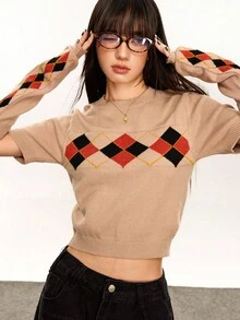 INAWLY Damen Lässig Retro Diamant Muster Strickpullover, Herbst/Winter - Aprikosenfarben - Übersicht 6