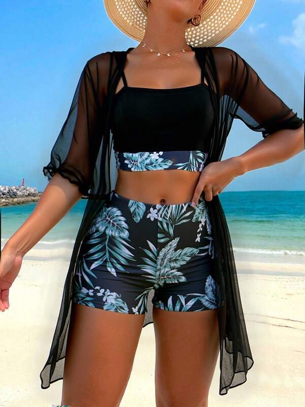 Swim Lushoire Conjunto De Traje De Baño Con Estampado De Plantas Tropicales Para Mujer