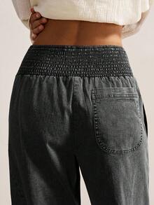 Bohemela 女士休闲纯色梭织宽松低腰裤，秋冬波西米亚风格 - 黑色 - 查看 6