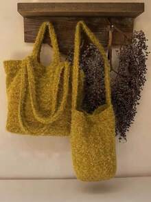 Joivida 1 pieza Bolso de tela de estilo retro clásico, bolso de hombro de unicolor de material de lana mostaza, estilo perezoso y casual, adecuado para viajes y fotografía, de gran capacidad - Multicolor - Ver 3