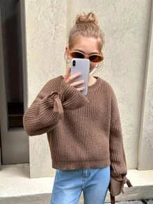 SHEIN 少女秋冬棕色咖啡色针织罗纹袖口蝴蝶结宽松套头毛衣，适合秋冬休闲日常穿着，可与妈妈搭配，时尚秋季，母女棕色针织毛衣，袖口系带 - 鏽棕色 - 查看 9