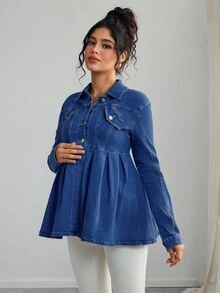 SHEIN Maternity Solid Color Button Front Pleated Casual Long Sleeve Denim Jacket