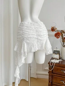 SHEIN Unity 女式新款性感蕾丝不对称荷叶边下摆 A 字迷你裙，迷人迷人