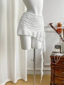 SHEIN Unity 女式新款性感蕾丝不对称荷叶边下摆 A 字迷你裙，迷人迷人