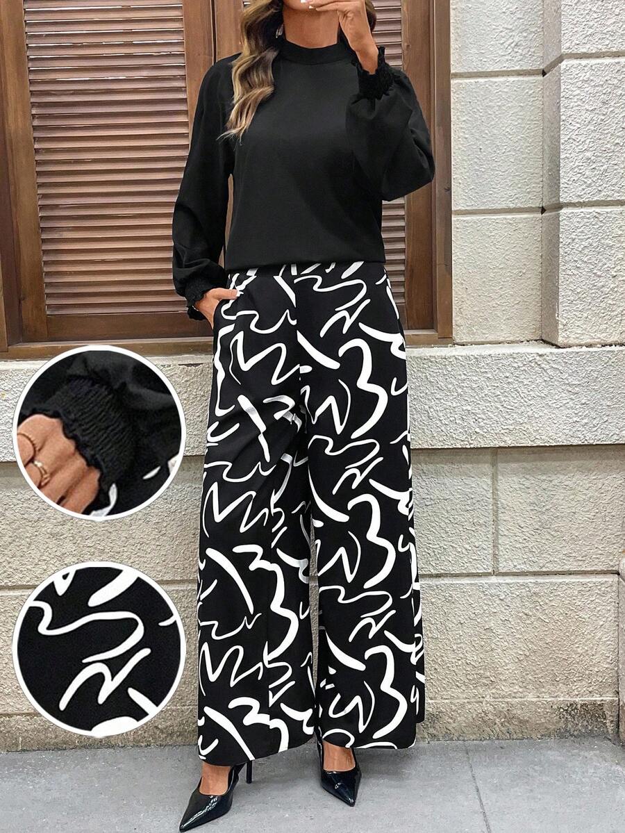SHEIN LUNE طقم ملابس علوية شيفون + بنطلون واسع الساق بطبعة تجريدية - متعدد الألوان - مشاهدة 1