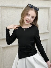 Serisse Kids Tween-Mädchen Schwarzes, plissiertes, tailliertes T-Shirt aus Samt mit Schlitz, geeignet für den Herbst, kann als Unterbekleidung oder Oberbekleidung getragen werden, vielseitig einsetzbar