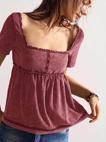 Bohemela Top ajustado de manga corta de punto lavado de unicolor casual con volantes en el cuello de tripulación para mujer - Burdeos - Ver 7