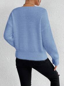 EMERY ROSE White V-Neck Casual Soft Knit Sweater, Long Sleeve Pullover Top, Autumn/Winter - Blue - View 2