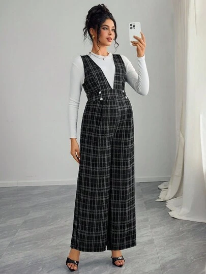 Momance 时尚孕妇格子纽扣装饰阔腿连体裤