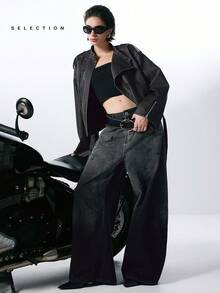 LYSMO 休闲街头时尚 PU 皮革长袖女式夹克 - 黑色 - 查看 3