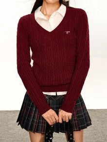 Rina Fox Women's Casual Letter Embroidery & Twist Knit V-Neck Sweater, Autumn/Winter Christmas