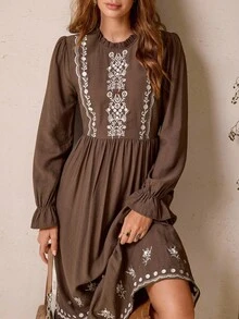 LanaWest 女式新款棕色圆领荷叶边长袖高腰喇叭形 A 字刺绣波浪下摆长款复古休闲波西米亚西部连衣裙，秋冬 - 咖啡棕 - 查看 5