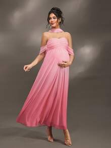 SHEIN Cheriluna 女士优雅简约休闲通勤度假纯色渐变抹胸褶饰腰部 A 字孕妇长裙，拍照装，春夏 - 粉色 - 查看 6