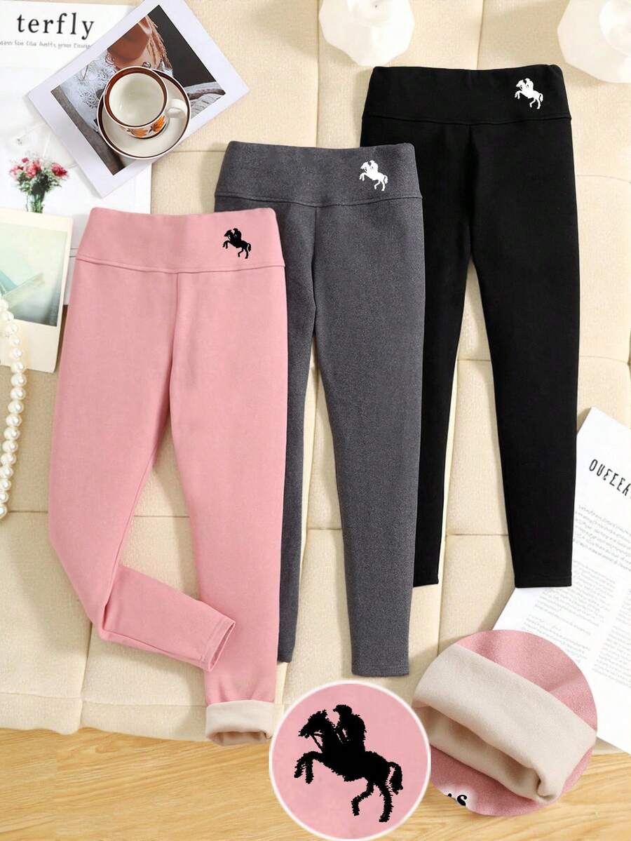 SHEIN Bộ quần legging 2 mảnh lót nhiệt lưng vừa thoải mái, đơn giản, dành cho bé gái tuổi teen - Màu xanh lam - Xem 1