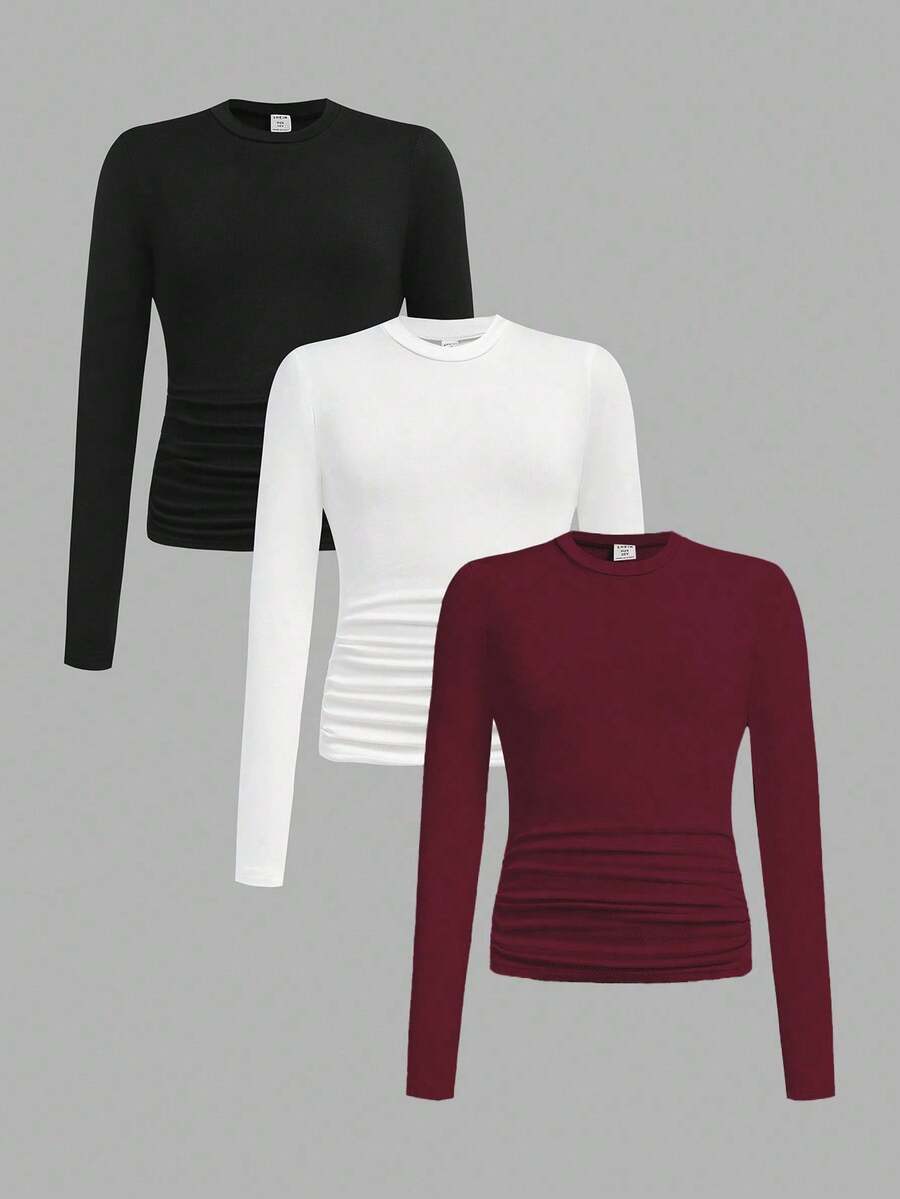 Sparklyn 3pcs/Set Tween Girls Casual Ruched Waist Round Neck Short Fitted Long Sleeve T-Shirts Fall Winter - Multicolor - View 1