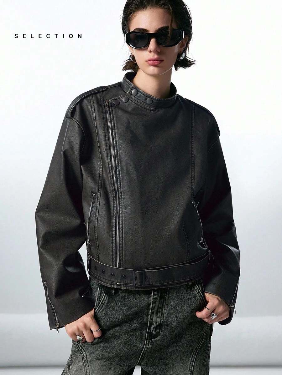 LYSMO 休闲街头时尚 PU 皮革长袖女式夹克 - 黑色 - 查看 1