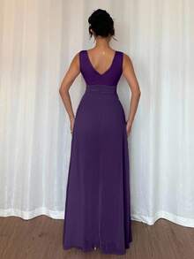 Rafferiza 优雅 V 领褶腰珍珠雪纺阔腿连体裤，适合婚礼宾客着装，紫色 - 紫丁香色 - 查看 2