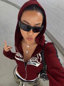 StreetHx Áo khoác nỉ trùm đầu có khóa kéo phong cách Mỹ cổ điển dành cho nữ - Màu Đỏ Sâu - Xem 3