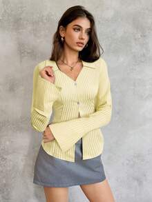 SHEIN Unity 女式条纹印花不对称下摆纽扣长袖衬衫 - 黃色 - 查看 4