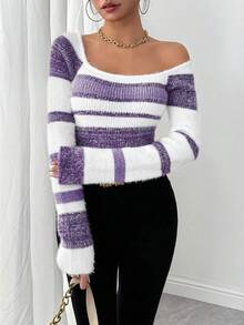 EMERY ROSE Striped Pattern Crew Neck Fitted Long Sleeve Sweater