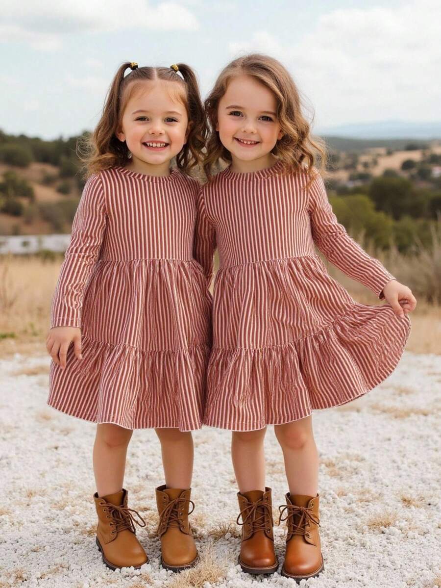 SHEIN Emery Rose Kids Young Girl Striped Velvet A-Line Dress, Elegant Long Sleeve Cake Dress, For Birthday Party, Vacation, Great For Casual & Daily Wear & School Daily In Autumn & Winter, For Christmas, Mom And Daughter Matching - Pink - View 1