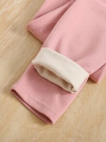 SHEIN Bộ quần legging 2 mảnh lót nhiệt lưng vừa thoải mái, đơn giản, dành cho bé gái tuổi teen - Màu xanh lam - Xem 4