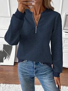 EMERY ROSE Sudadera de mujer para otoño, cuello en pico, manga larga, manga raglán, empalme acanalado, decoración con cremallera, tela texturizada - Azul Marino - Ver 7