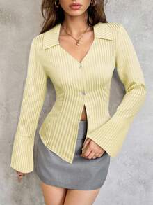 SHEIN Unity 女式条纹印花不对称下摆纽扣长袖衬衫 - 黃色 - 查看 3