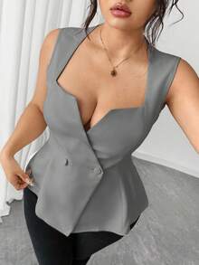 Elenzga Plus Size Women's Elegant Solid Color V-Neck Peplum Top, Minimalist & Charming, Summer - Grey - View 7
