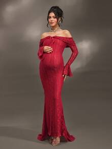 Cheriluna Maternity 优雅露肩白色蕾丝长袖美人鱼长裙，适合婚礼、派对、迎婴派对、孕妇写真拍摄、洗礼