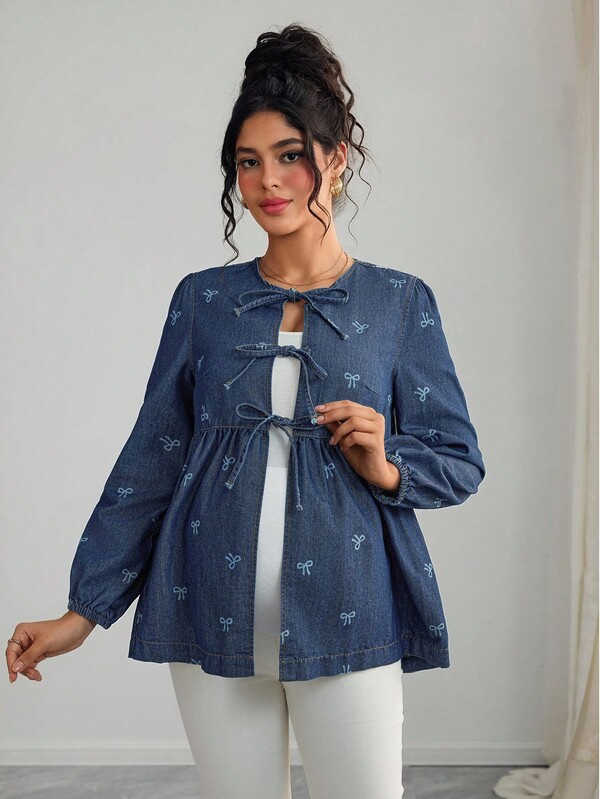 SHEIN Blouse en jean à manches longues décontractée avec nœud et imprimé papillon pour femmes enceintes