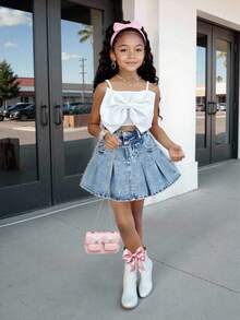 青少年女孩复古水洗牛仔时尚百搭舒适休闲简约松紧腰褶皱牛仔裙 - 中等水洗藍 - 查看 3