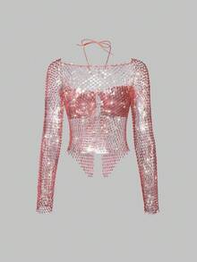 EgrlEra Áo crop top lưới đính đá cho nữ, thích hợp đi bar, tiệc tùng, lễ hội âm nhạc - Màu Đỏ Sâu - Xem 2