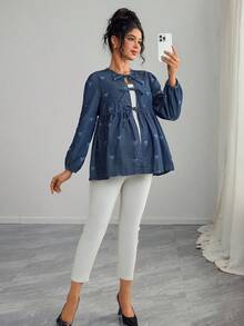 SHEIN 孕妇蝴蝶印花打结休闲长袖牛仔衬衫 - 深色水洗藍 - 查看 4