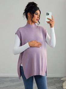 SHEIN Maternity Casual Solid Color Turtleneck Sleeveless Sweater Vest, Autumn/Winter