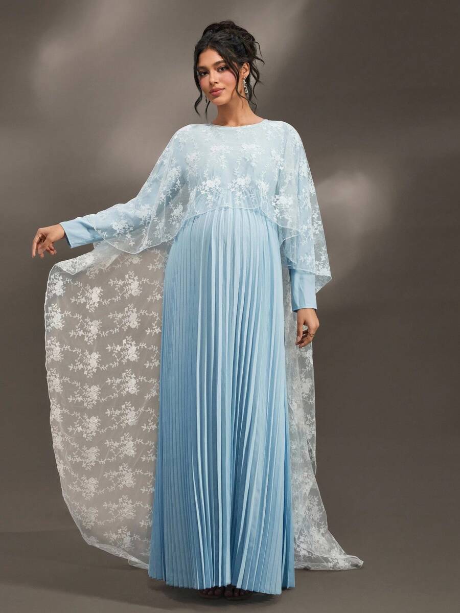 SHEIN 优雅褶皱网眼长裙，适合女士、孕妇、春秋季、圣诞派对、迎婴派对