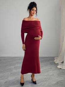 Momance Maternity Solid Color Off-Shoulder Long Sleeve Fitted Elegant Knit Dress, Autumn/Winter - Burgundy - View 6