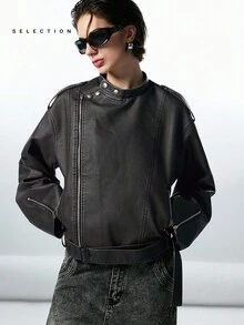 LYSMO 休闲街头时尚 PU 皮革长袖女式夹克 - 黑色 - 查看 6