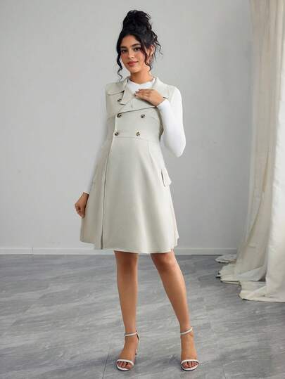 SHEIN Maternity Casual Sleeveless Double-Breasted Flat Collar Dress