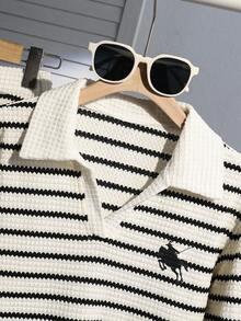 SHEIN Girls Waffle Stripe Polo Shirt Long Sleeve And Pants Set, Suitable For Spring And Autumn - White - View 3