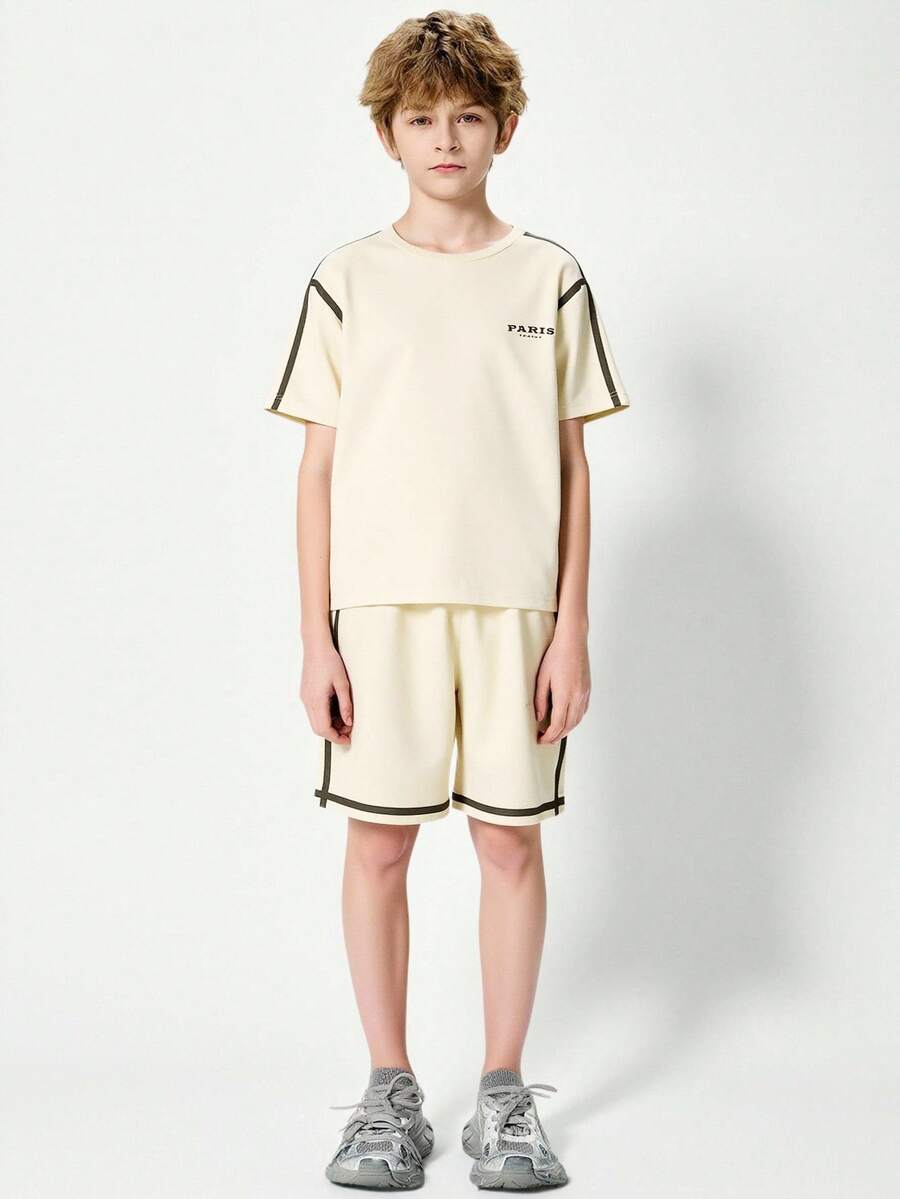 SHEIN Explorewe 2pcs/Set Older Boys Letter Print Patchwork Drawstring Casual Sports Set, Suitable For Summer Back-To-School Season, Kids School & Sports Wear - Apricot - View 1