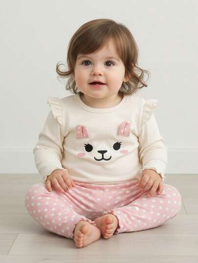 Cozy Pixies 2 件套女婴兔子图案针织柔软圆领荷叶边长袖上衣和松紧腰裤套装，舒适百搭时尚日常可爱图案简约设计基本款，适合室内、户外滑雪、日常、运动、玩耍、派对、拍照、圣诞节、冬季