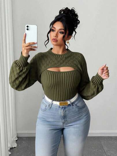 Elenzga Plus Size Women Casual Sexy Fashion Hollow Out Lantern Sleeve Fitted Pullover Sweater