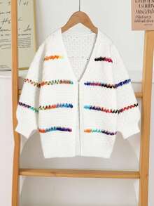 SHEIN 年轻女孩的彩色渐变条纹长袖针织开衫，柔软舒适，适合休闲、优雅场合，例如外出、旅行、度假、居家、日托、秋冬、圣诞节、返校、派对 - 白色 - 查看 9