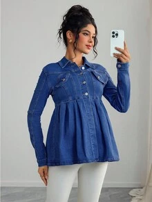 SHEIN Maternity Solid Color Button Front Pleated Casual Long Sleeve Denim Jacket