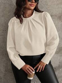 SHEIN Clasi Chemise longue à manches longues plissée et pliée de couleur unie élégante, grande taille, convient pour le travail, automne - Nude - Voir 6