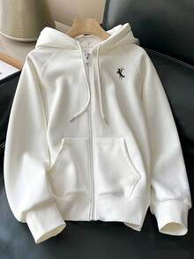 Franclia Embroidered Commuter Style Zip-Up Hooded Sweatshirt, Gift For Friends - Black - View 4